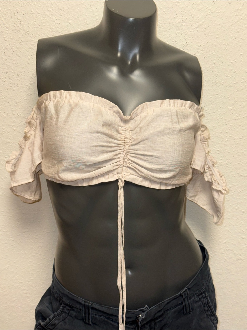 Ruched Off-Shoulder Crop Top in Light Blush